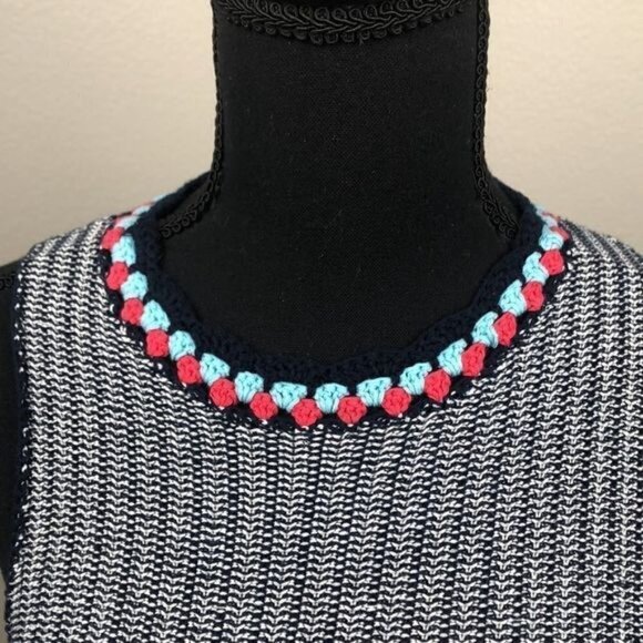 THML Sleeveless Sweater Top Blue/White Stripe Knit Crochet Round Collar Cotton S - Picture 4 of 12